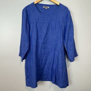 FLAX Blue Linen Shift Dress or Tunic Pullover Size Medium Pockets 3/4 Sleeves